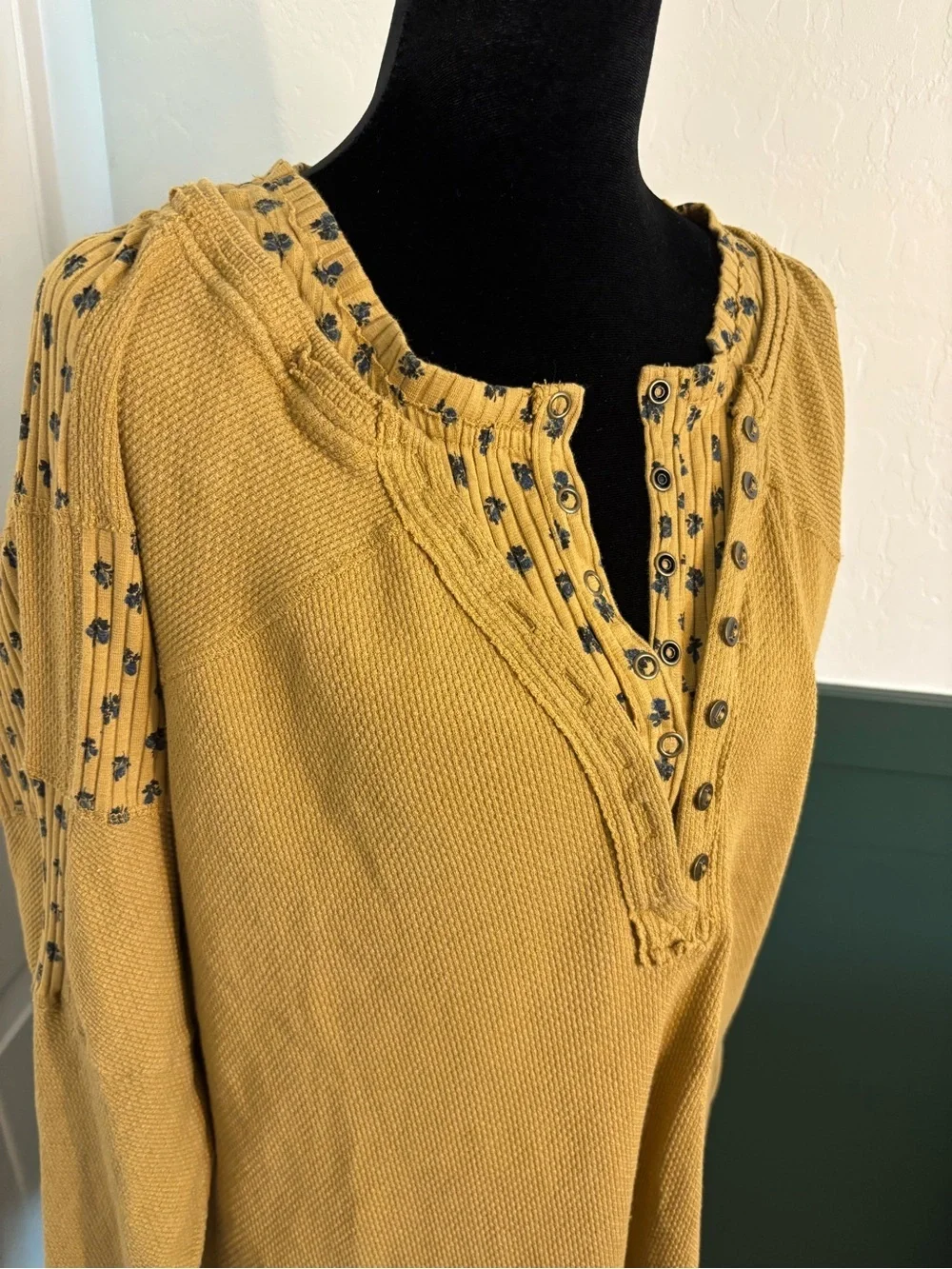 Free People Mustard Thermal Henley Top Floral Trim Oversized XL